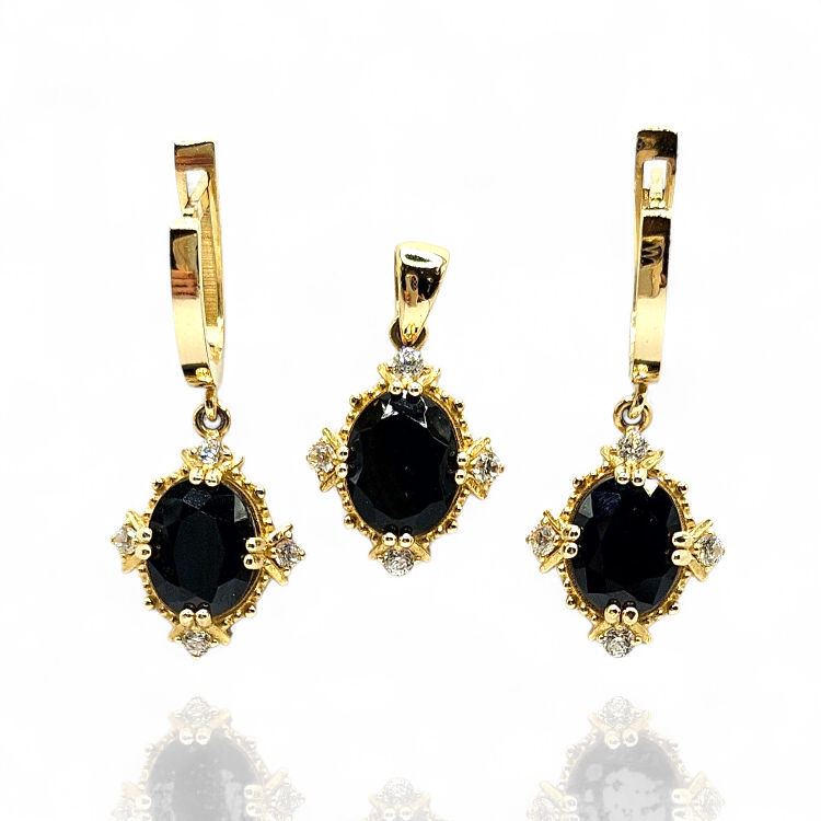 Komplet złoty – czarna cyrkonia  – Złoto próba 585