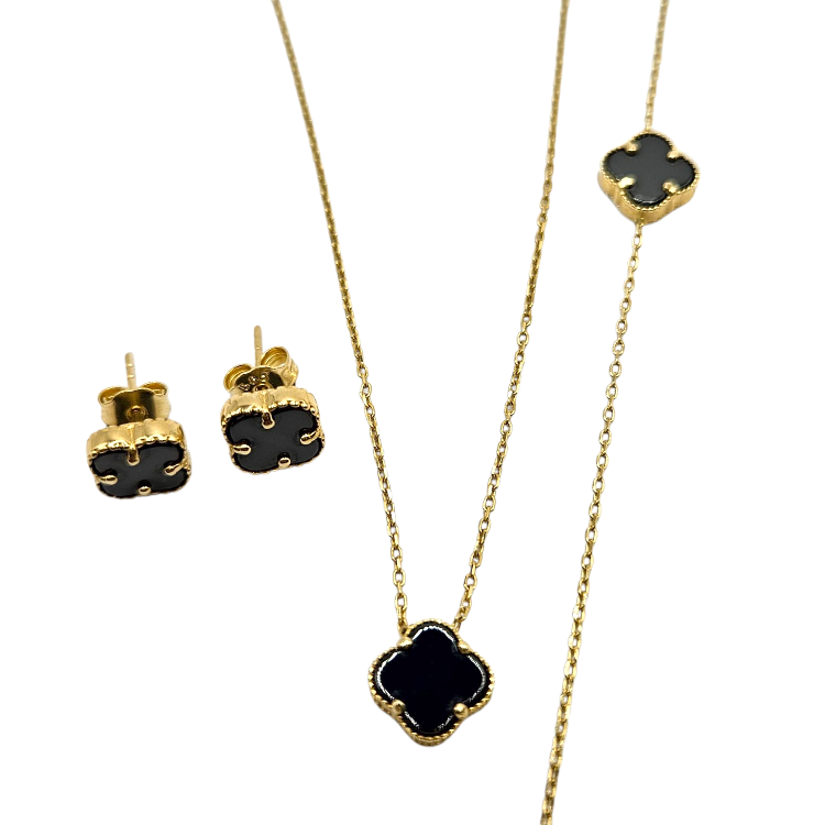 Komplet złoty – czarna koniczynka  – Złoto próba 585